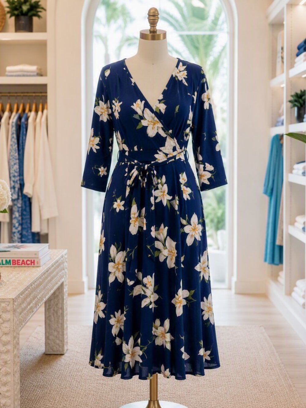 Wrap Dress Navy Floral Wrap Midi Dress with Tie Waist